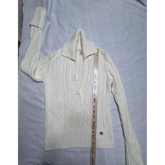 Y2K DKNY Women's Ivory Cable Knit  Sweater Button Details  Ribbed Hem Size L - Picture 3 of 13